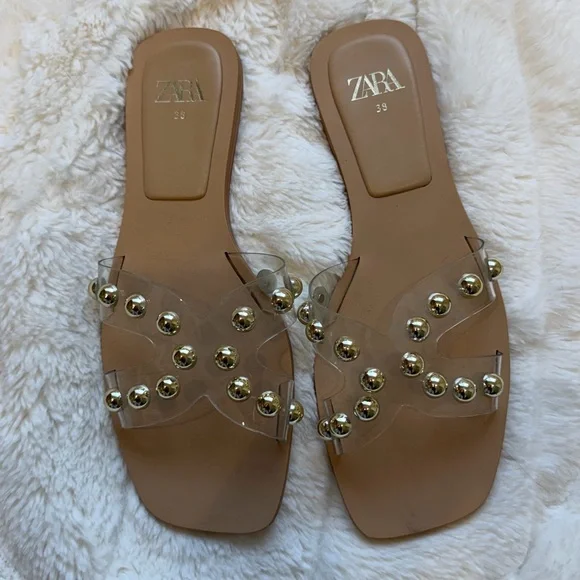 Zara Beige Clear Studded Slide Sandals - Picture 4 of 10
